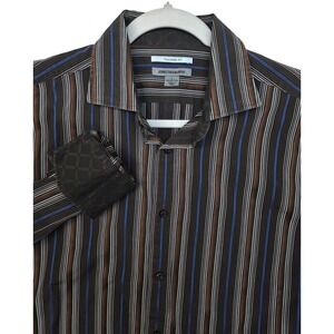 Johnston & Murphy Shirt Mens Large Brown Stripe Tailored Fit Button Front Cotton